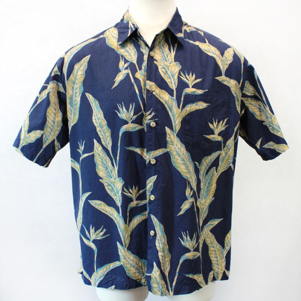 Cooke Street Honolulu Tropical Bird of Paradise Blue Hawaiian Camp Shirt XL